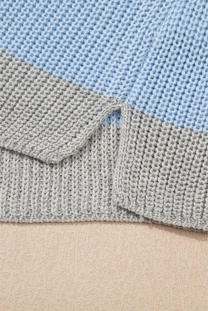 Light Blue Color Block Notch V Neck Sweater T Shirt for Women