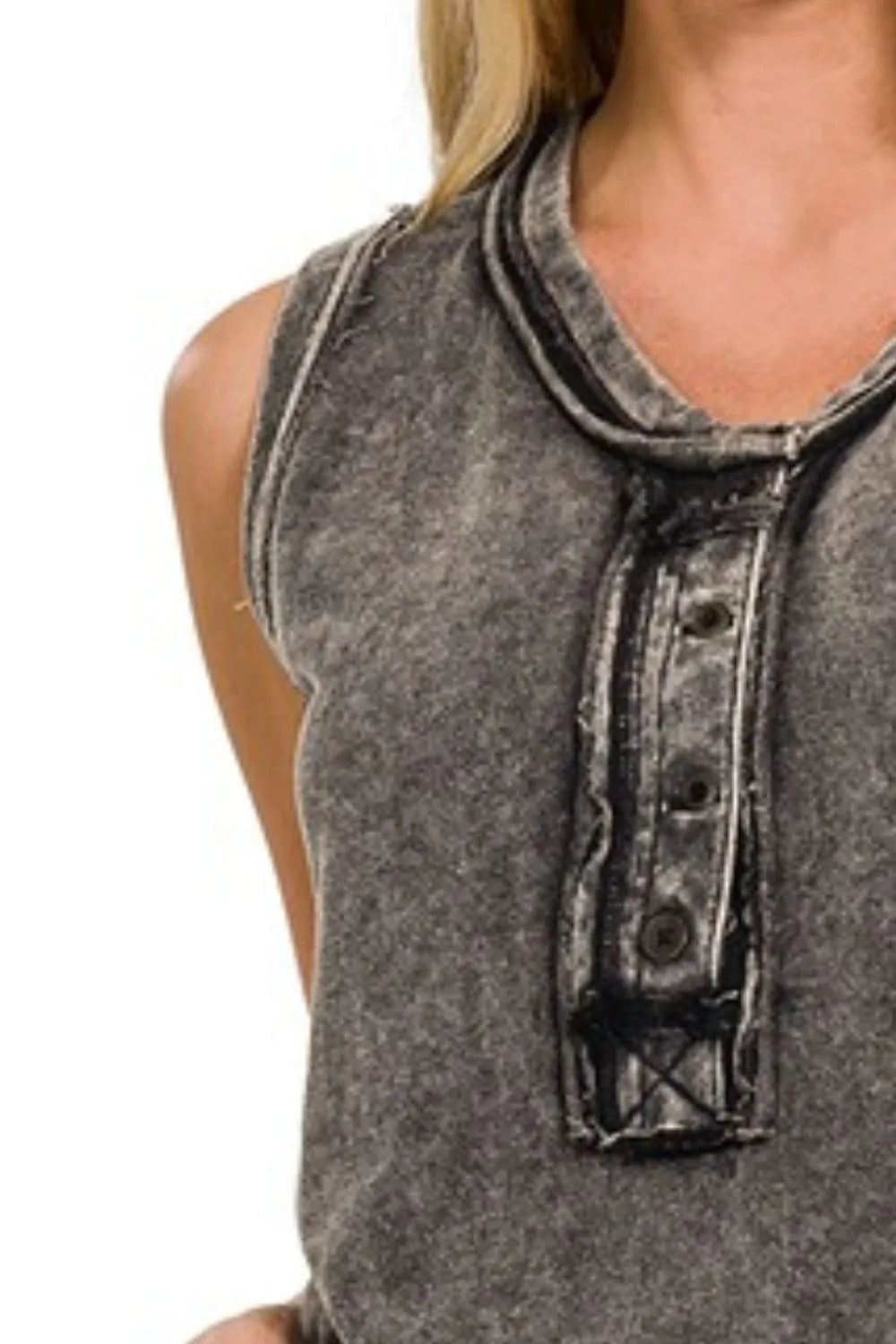 Zenana Washed Half-Button Raw Edge Sleeveless Henley Top - Love Salve 