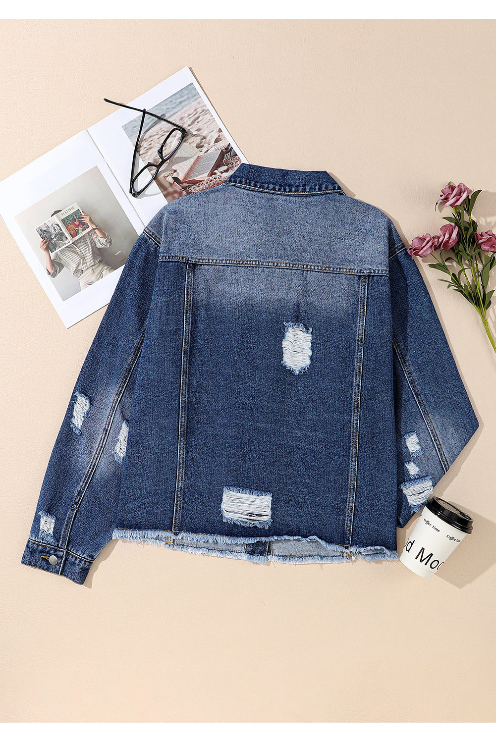 Chic dark blue plus size distressed denim jacket with flap pockets