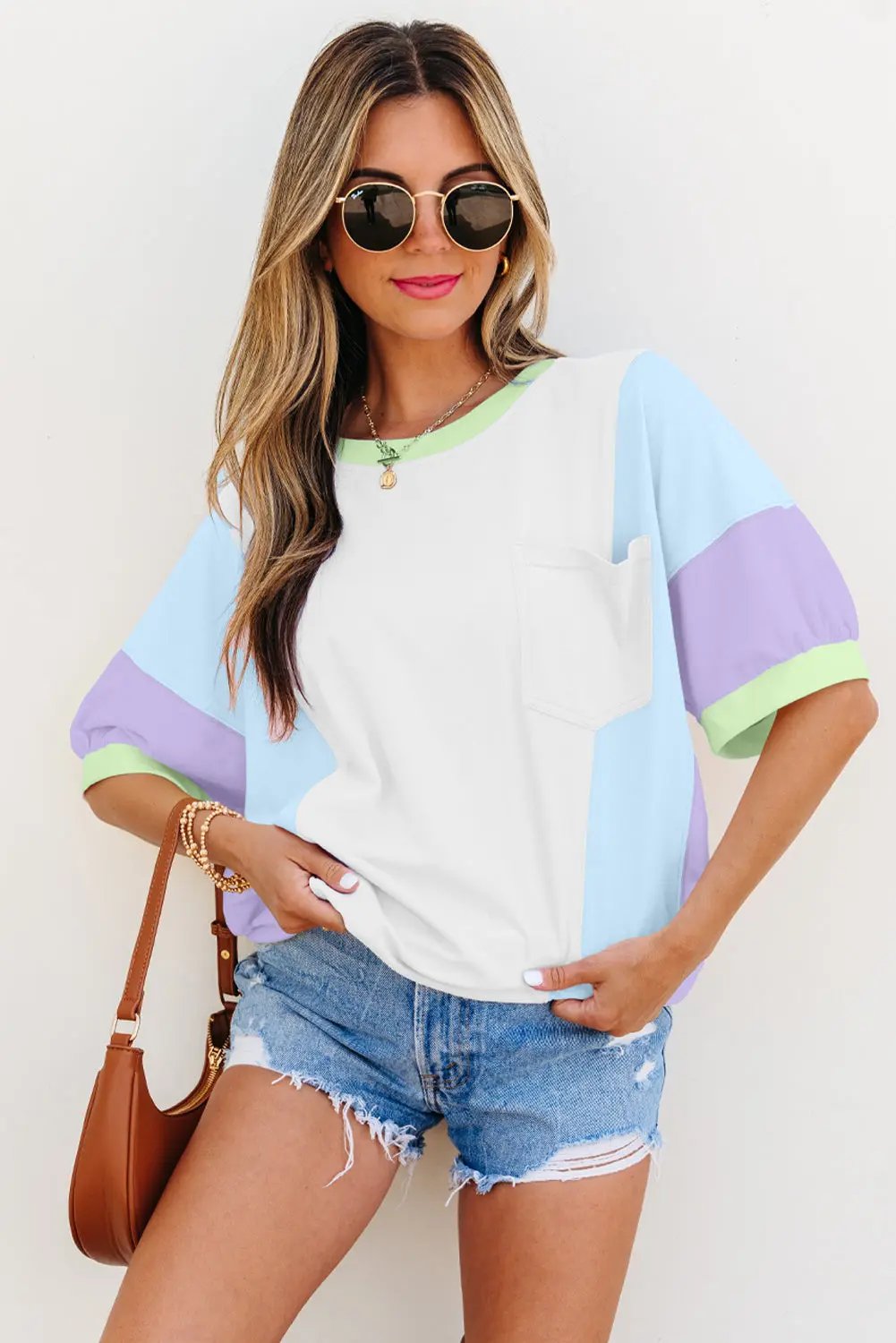 White Color Block Patchwork Half Sleeve Oversized T Shirt - Love Salve 