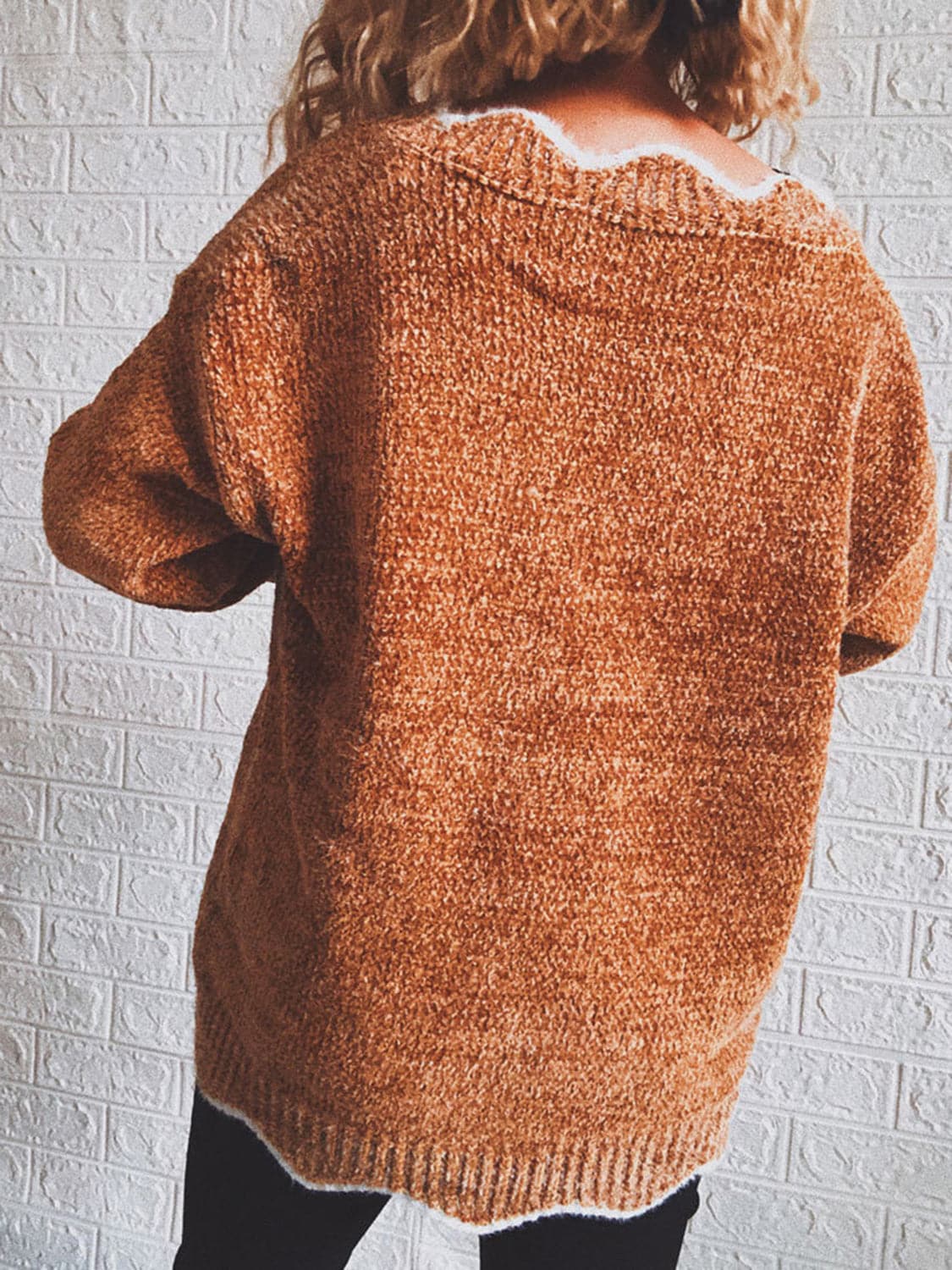 Notched Dropped Shoulder Long Sleeve Sweater.