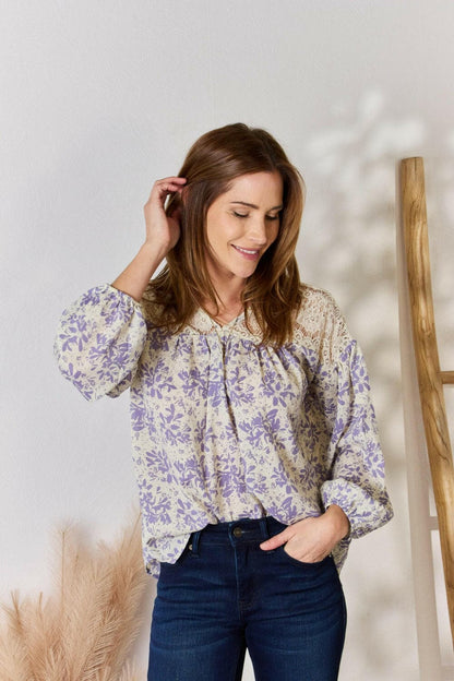 Hailey & Co Full Size Lace Detail Printed BlouseExperience Elegance and Style
 The Hailey &amp; Co Full Size Lace Detail Printed Blouse is the perfect combination of delicate lace accents and vibrant prints, makinLove Salve Full Size Lace Detail Printed BlouseBlouses