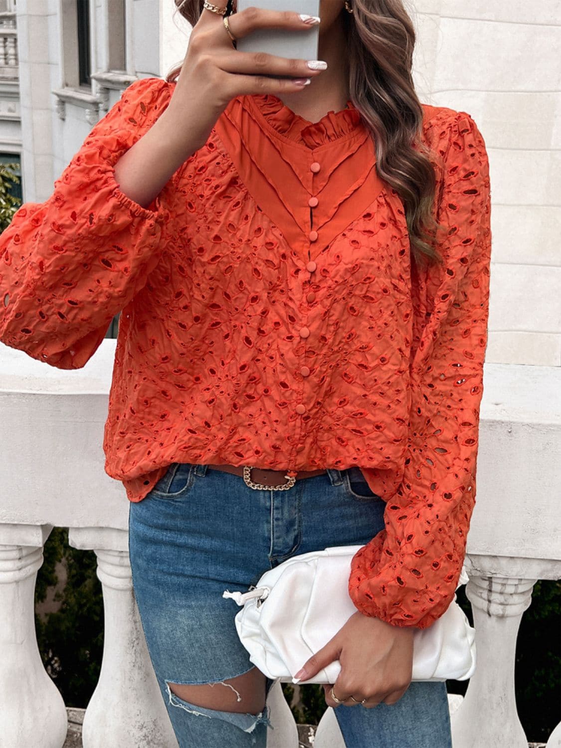 Frill Round Neck Long Sleeve Shirt.