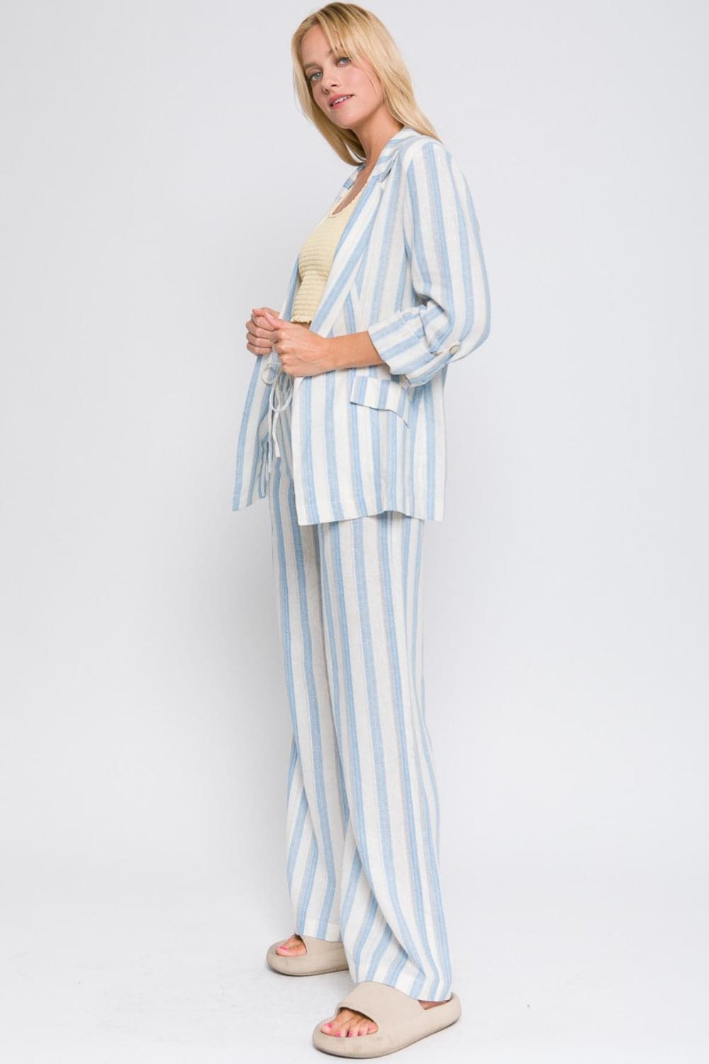 Love Tree Linen Woven Striped Blazer.