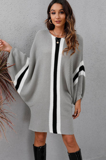 Ribbed Round Neck Long Sleeve Sweater Dress.