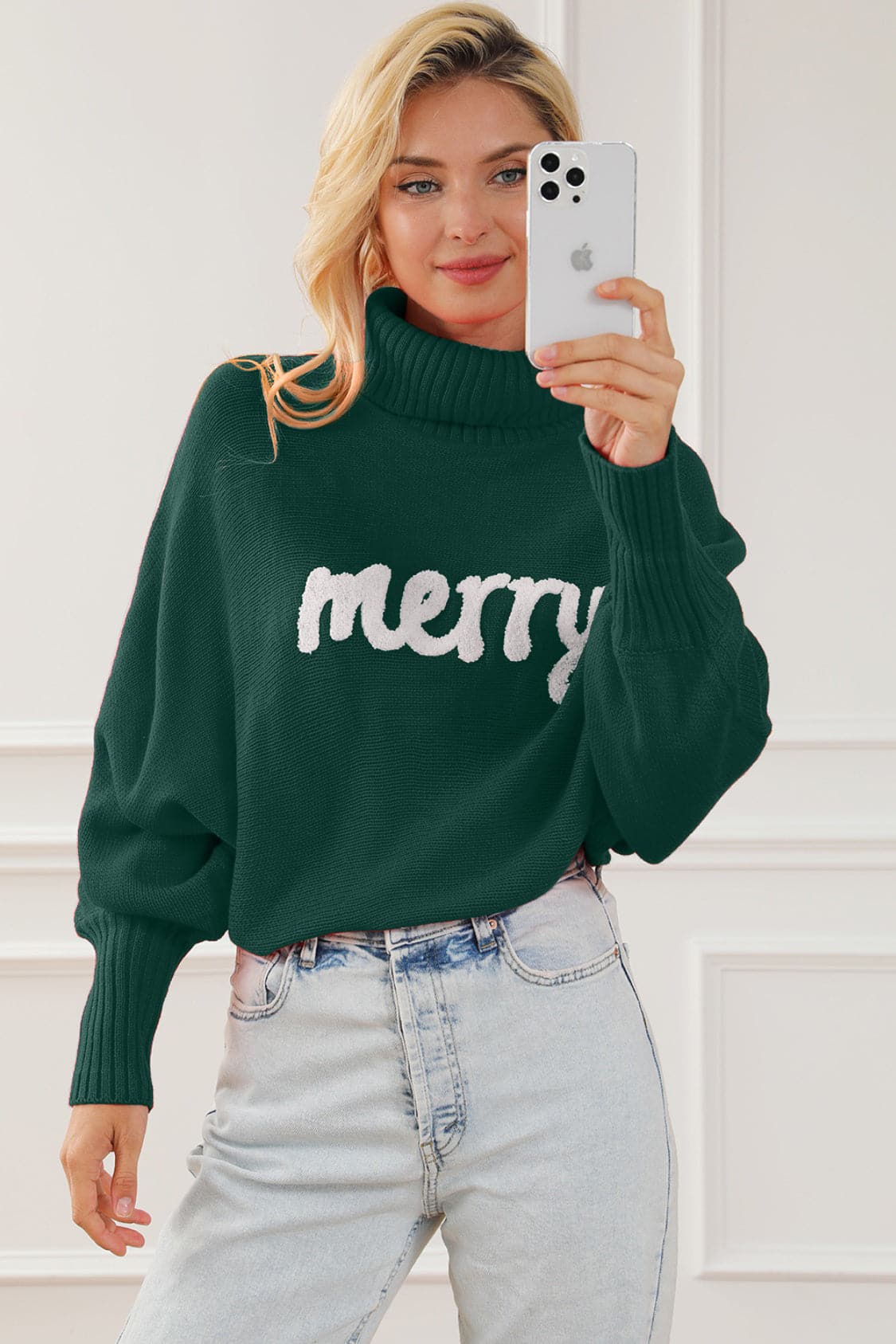 Merry Letter Embroidered High Neck Sweater.