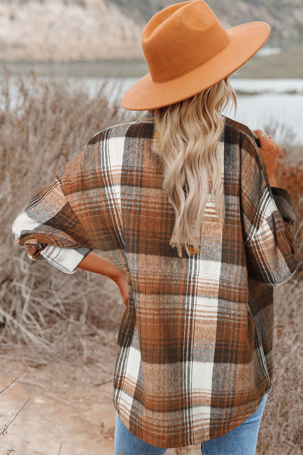 Chic brown plaid shacket with flap pockets