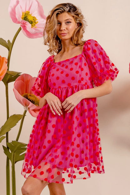 BiBi Polka Dot Mesh Puff Sleeve Dress.