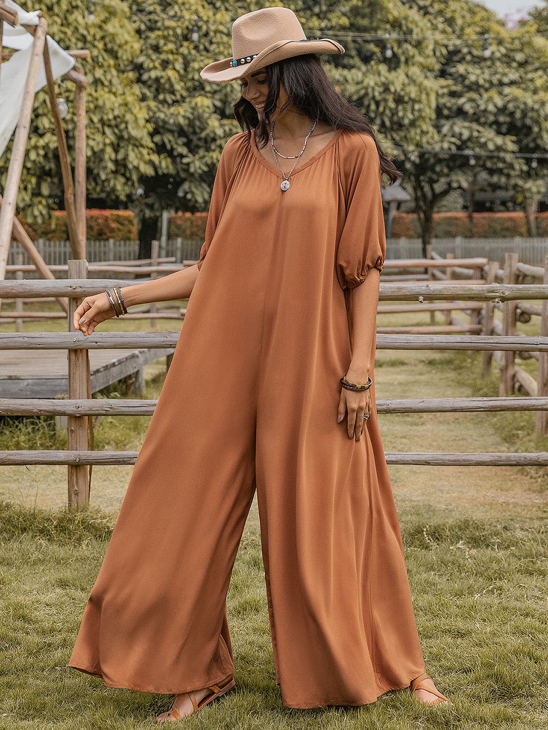 Scoop Neck Half Sleeve Wide Leg Jumpsuit.