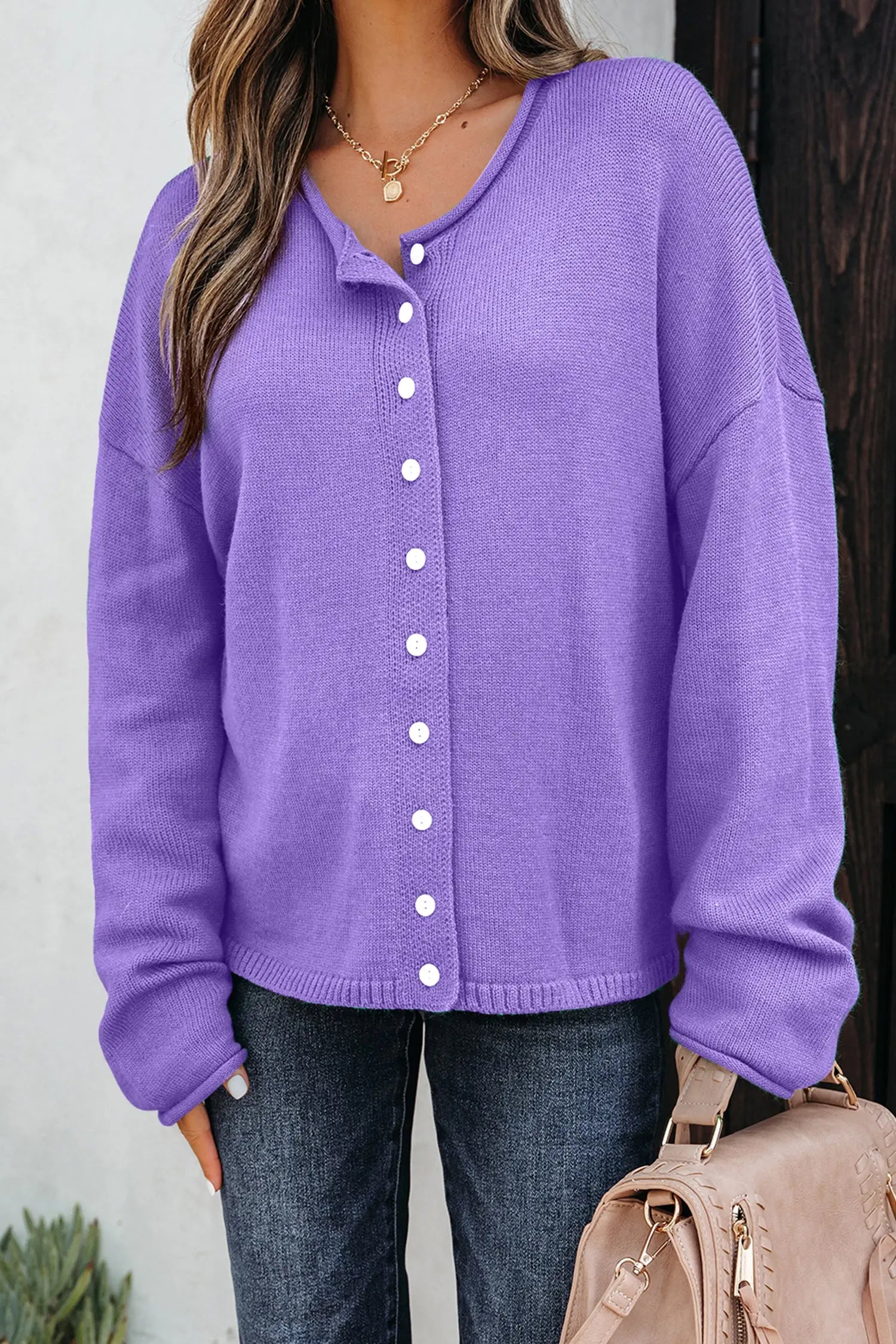Wisteria Solid Color Knit Button Front Drop Shoulder Cardigan Sweater Dear-Lover Dropshipping