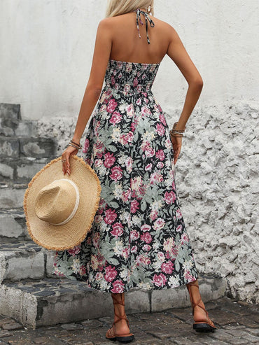 Smocked Printed Halter Neck Midi Dress.