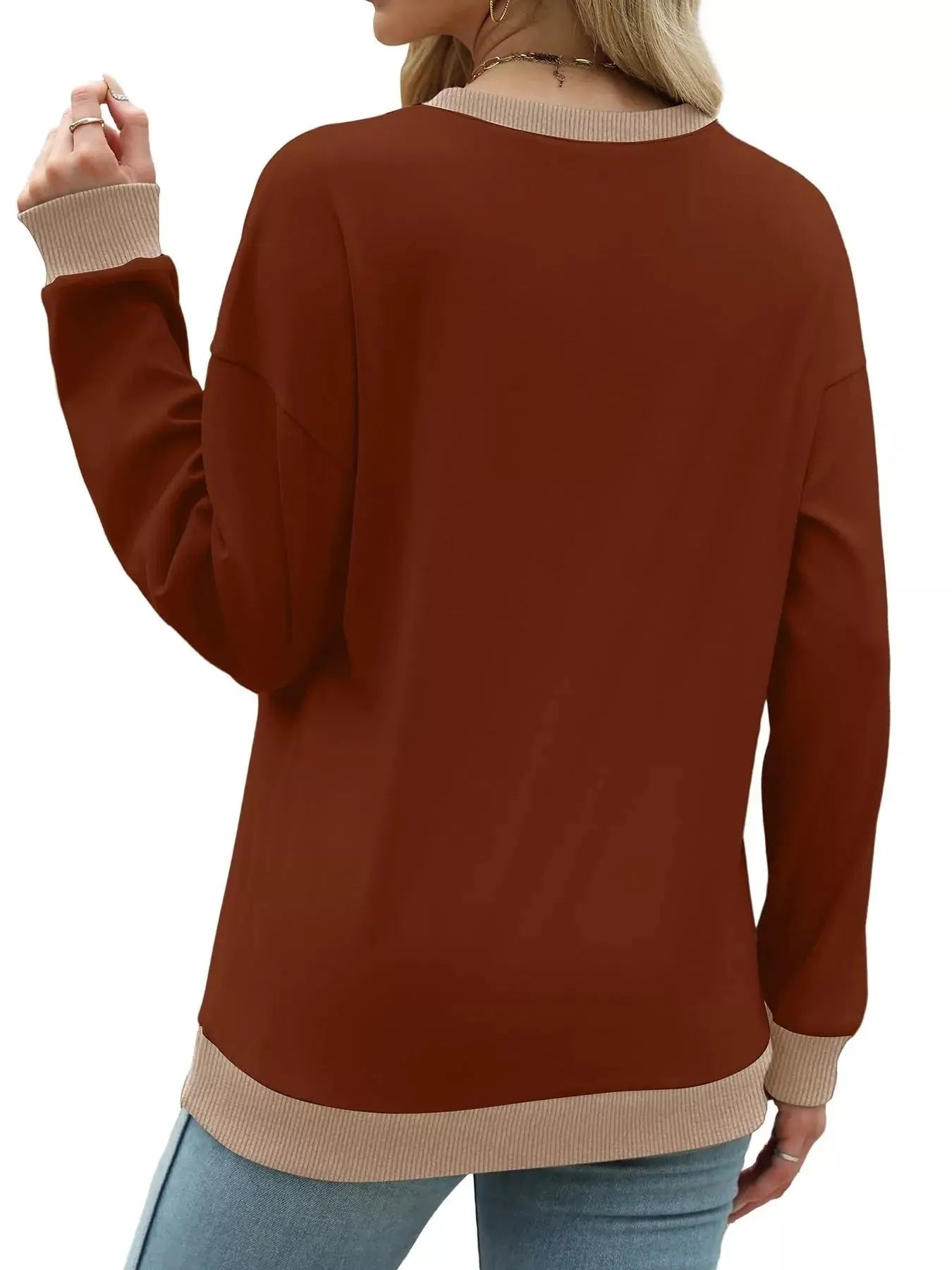 Contrast Trim Crew Neck Casual Sweatshirt Simply Love