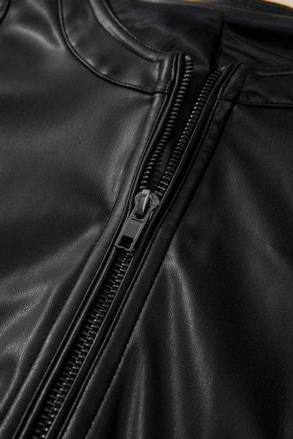 Sleek black faux leather bomber jacket with trendy zipper details