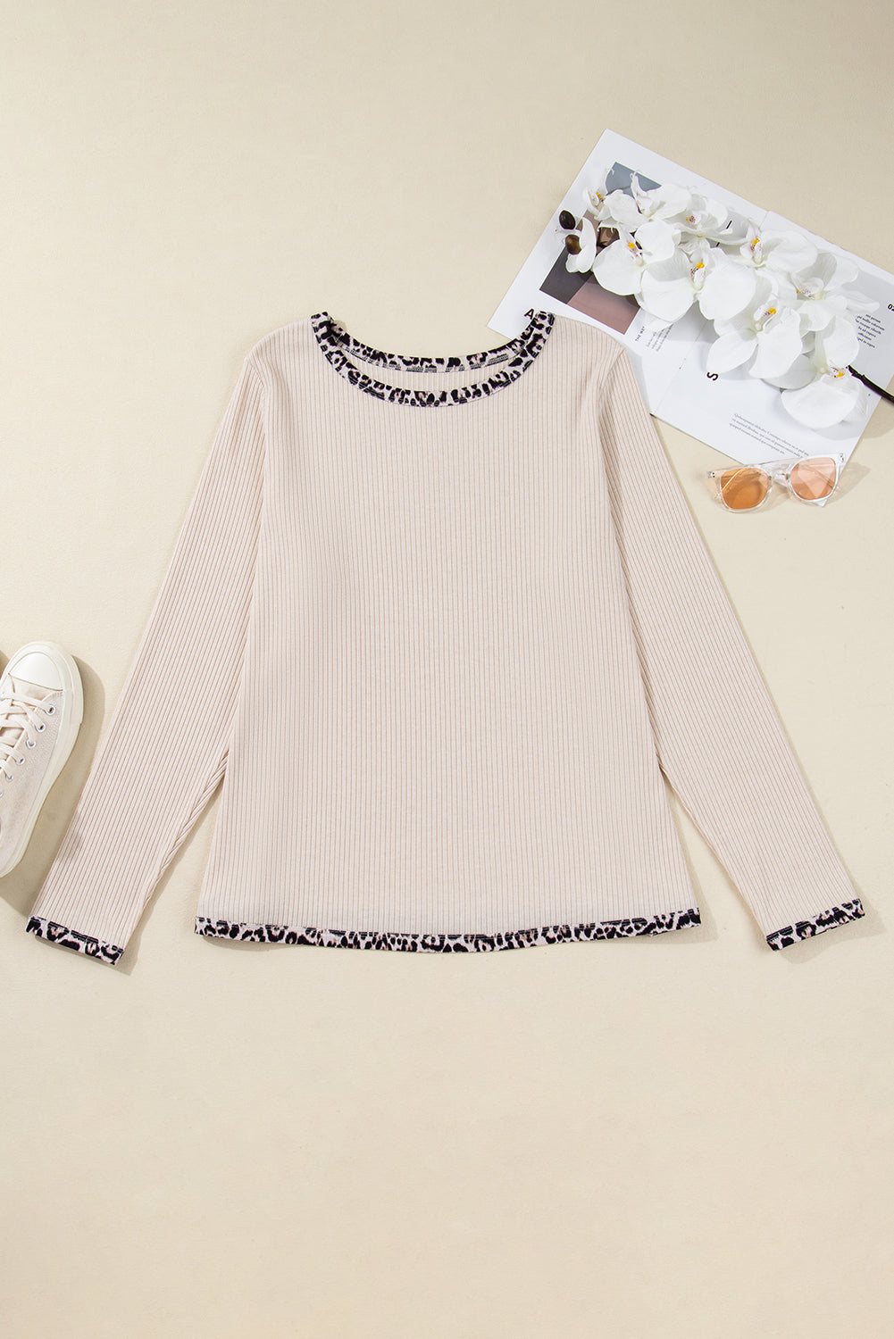 Parchment Ribbed Knit Top With Leopard Edge Round Neck Dear-Lover Dropshipping