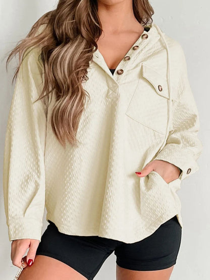 Cozy sheer button-up long sleeve hoodie with drawstring