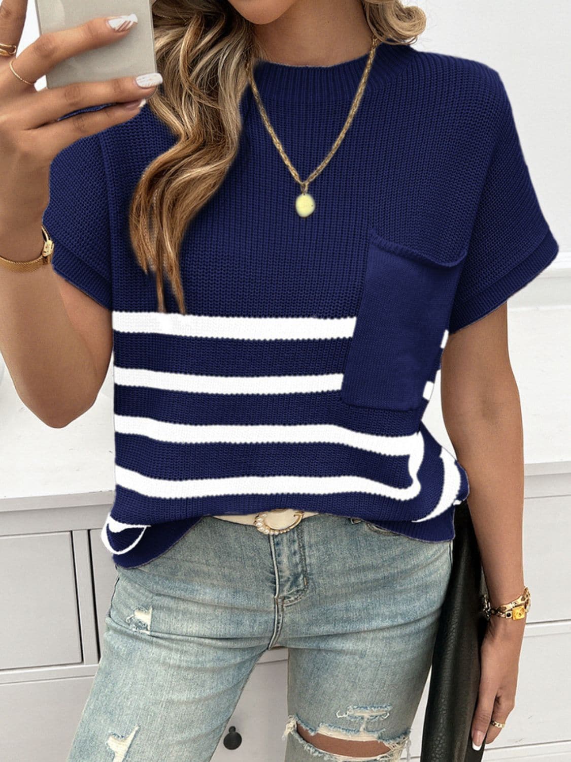 Striped Round Neck Short Sleeve Sweater.