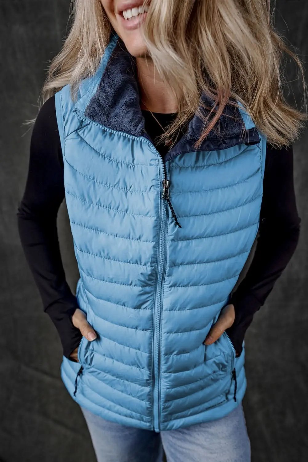 Sky Blue Plush Collared Quilted Zipped Puffer Vest - Love Salve 