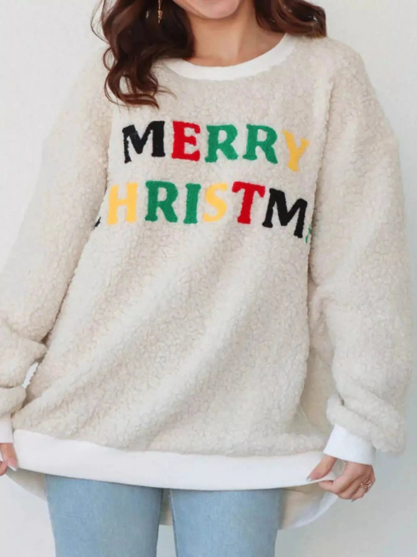 Cozy Sherpa Fleece Christmas Sweatshirt With Colorful Merry Christmas Letters