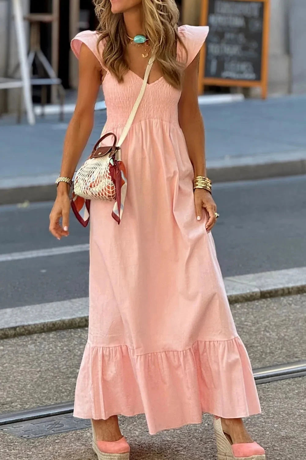 V Neck Ruffled Cap Sleeve Smocked Maxi Dress Simply Love