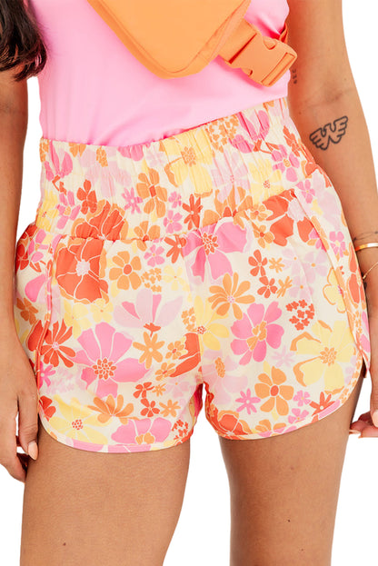 Chic orange floral high-waisted casual shorts with shirred detailing