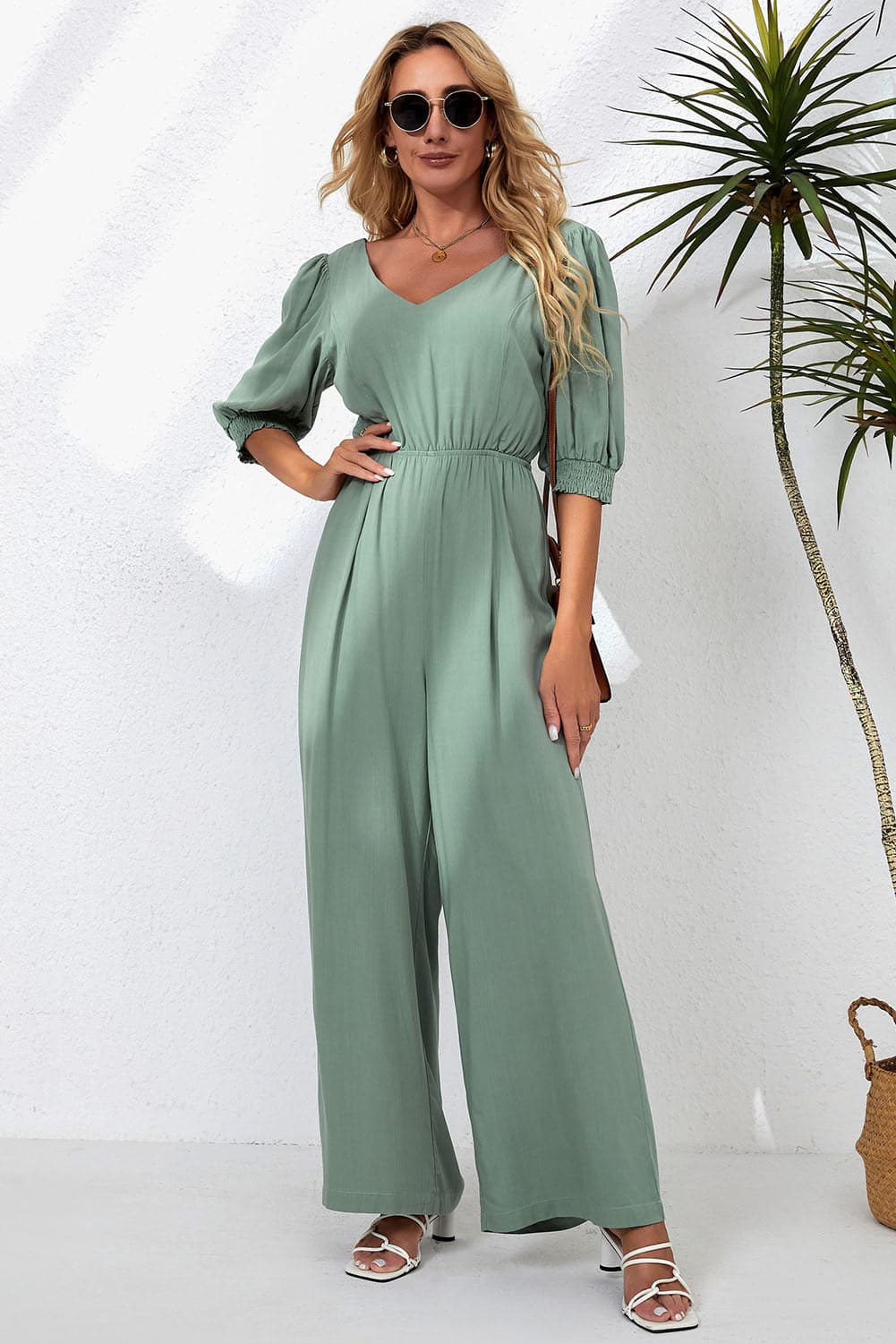 V-Neck Half Sleeve Jumpsuit.