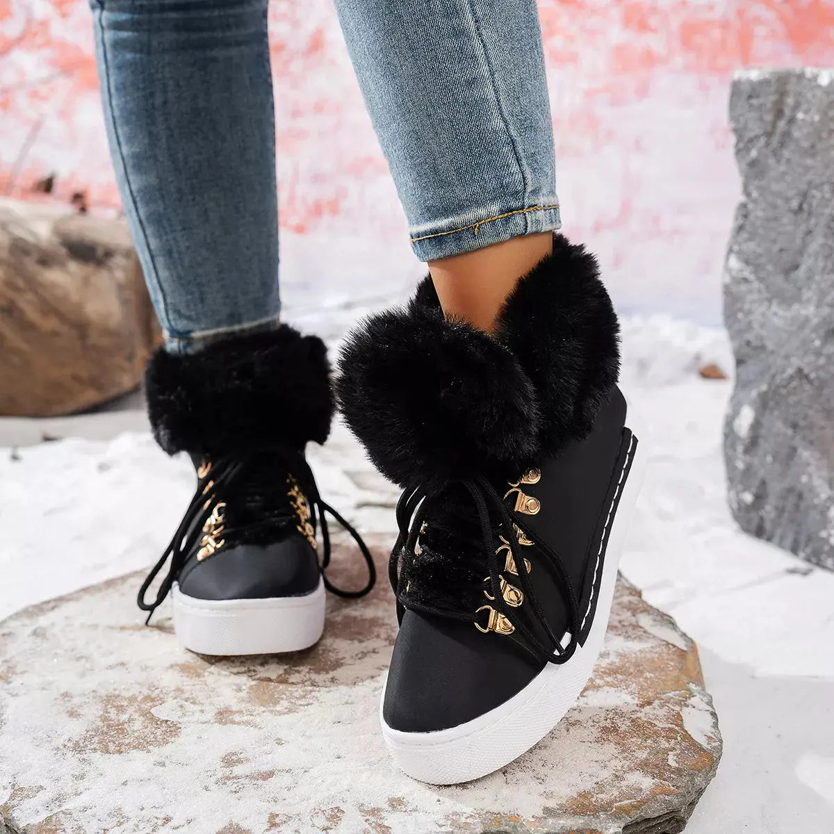 Fuzzy Trim Lace-Up Ankle Boots Simply Love