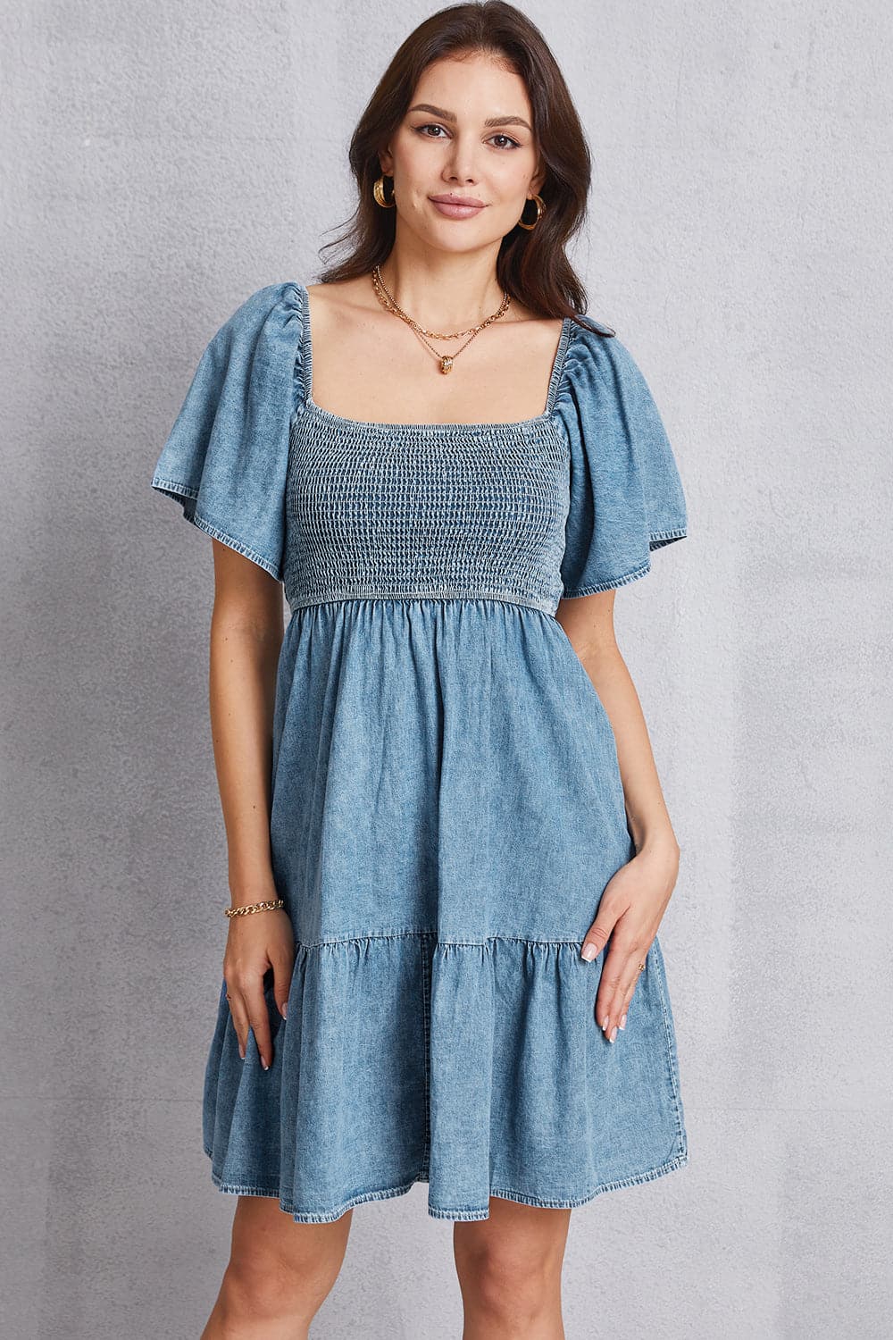 Smocked Square Neck Mini Denim Dress.