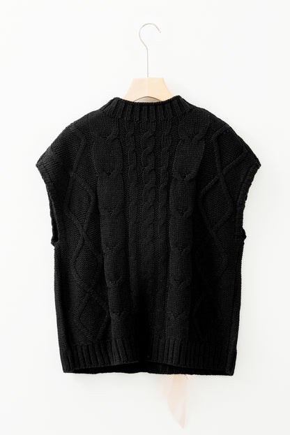 Black Cable Knit Colorblock Sweater with Satin Bowknot Details