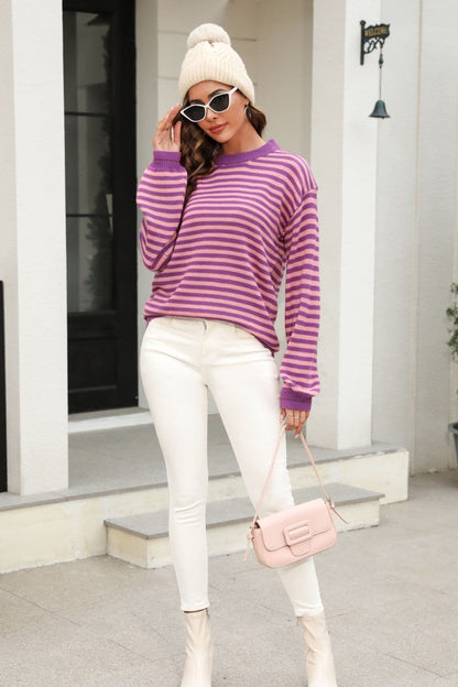 Striped Round Neck Dropped Shoulder Sweater.