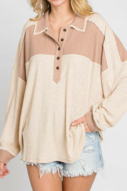 Color Block Half Button Up Blouse.