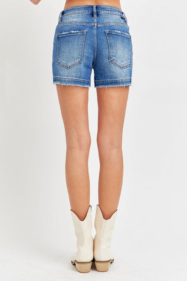 RISEN Low Rise Slit Denim Shorts.