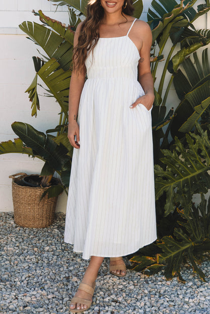 Beige Striped Spaghetti Strap High Waist Maxi Dress with Pockets