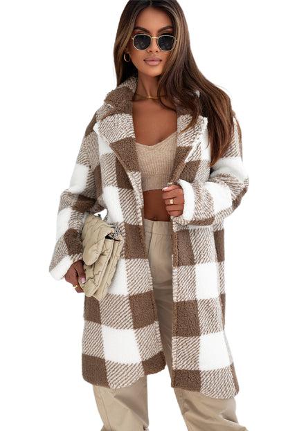 Chic brown plaid open front coat with lapel collar