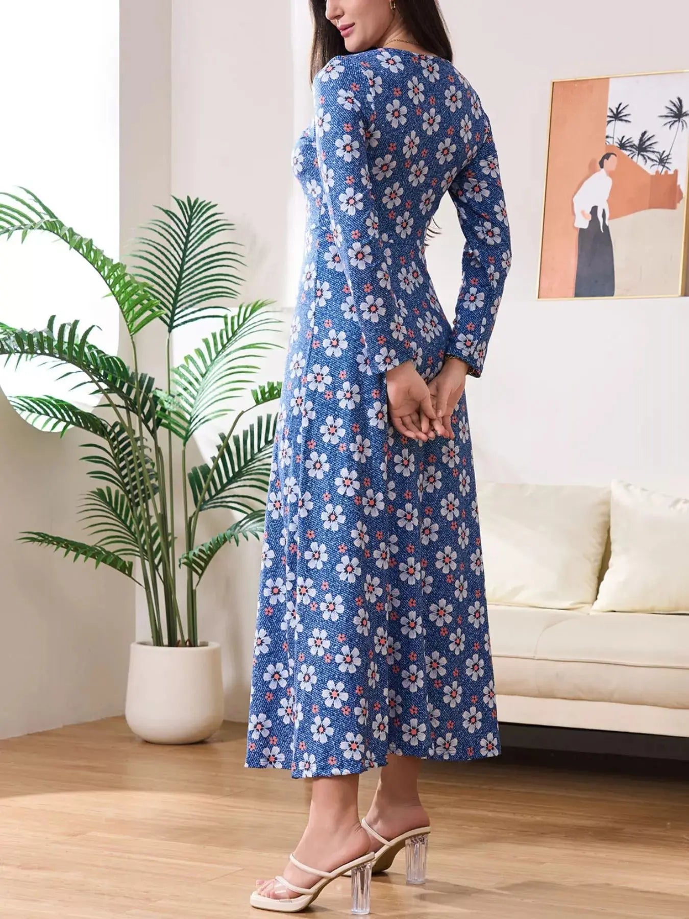 Floral Print V-Neck Long Sleeve Midi Dress Simply Love