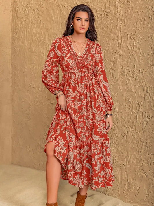 Boho Floral Print Long Sleeve Midi Dress Simply Love