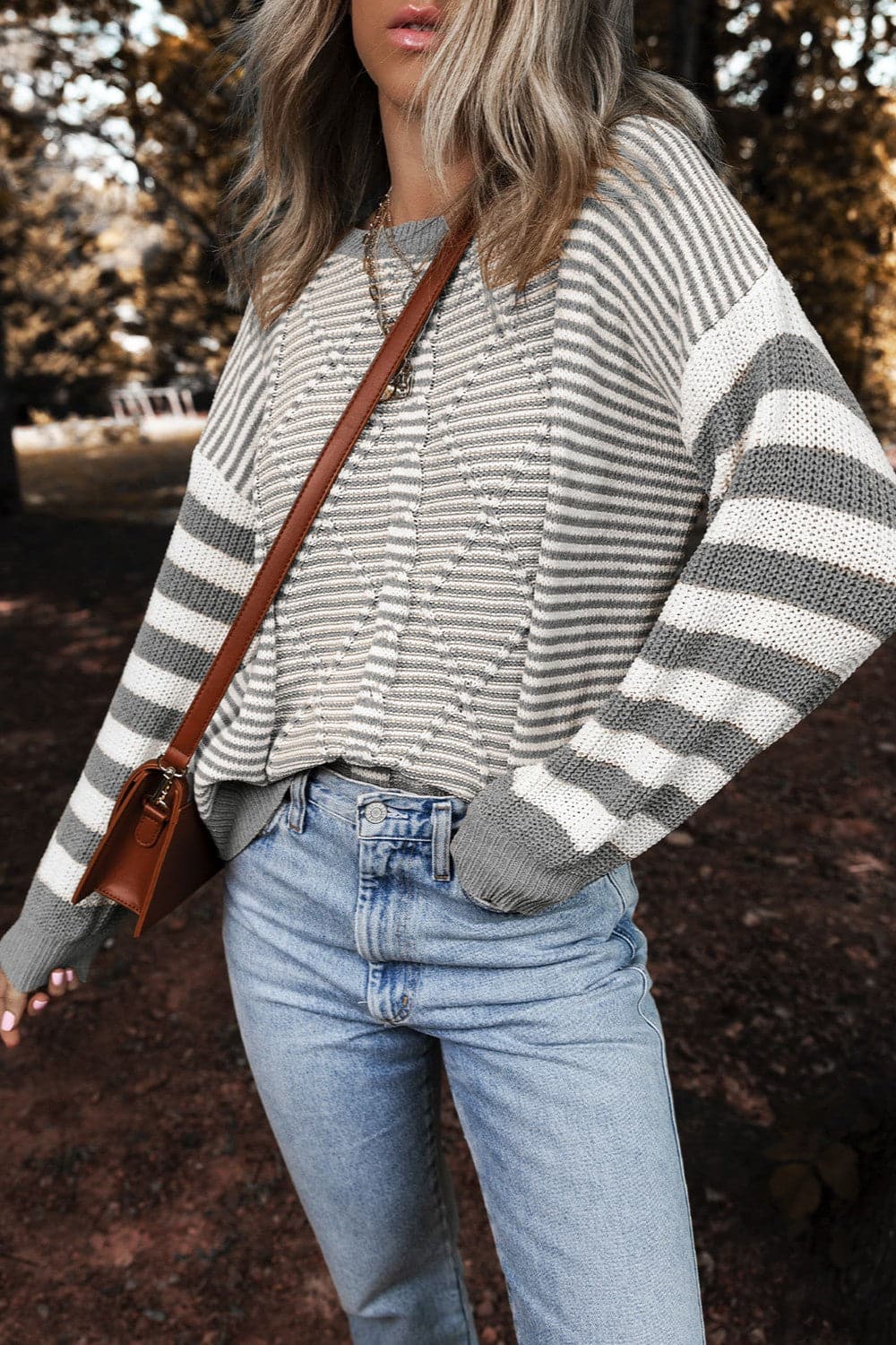 Striped Round Neck Long Sleeve Sweater.