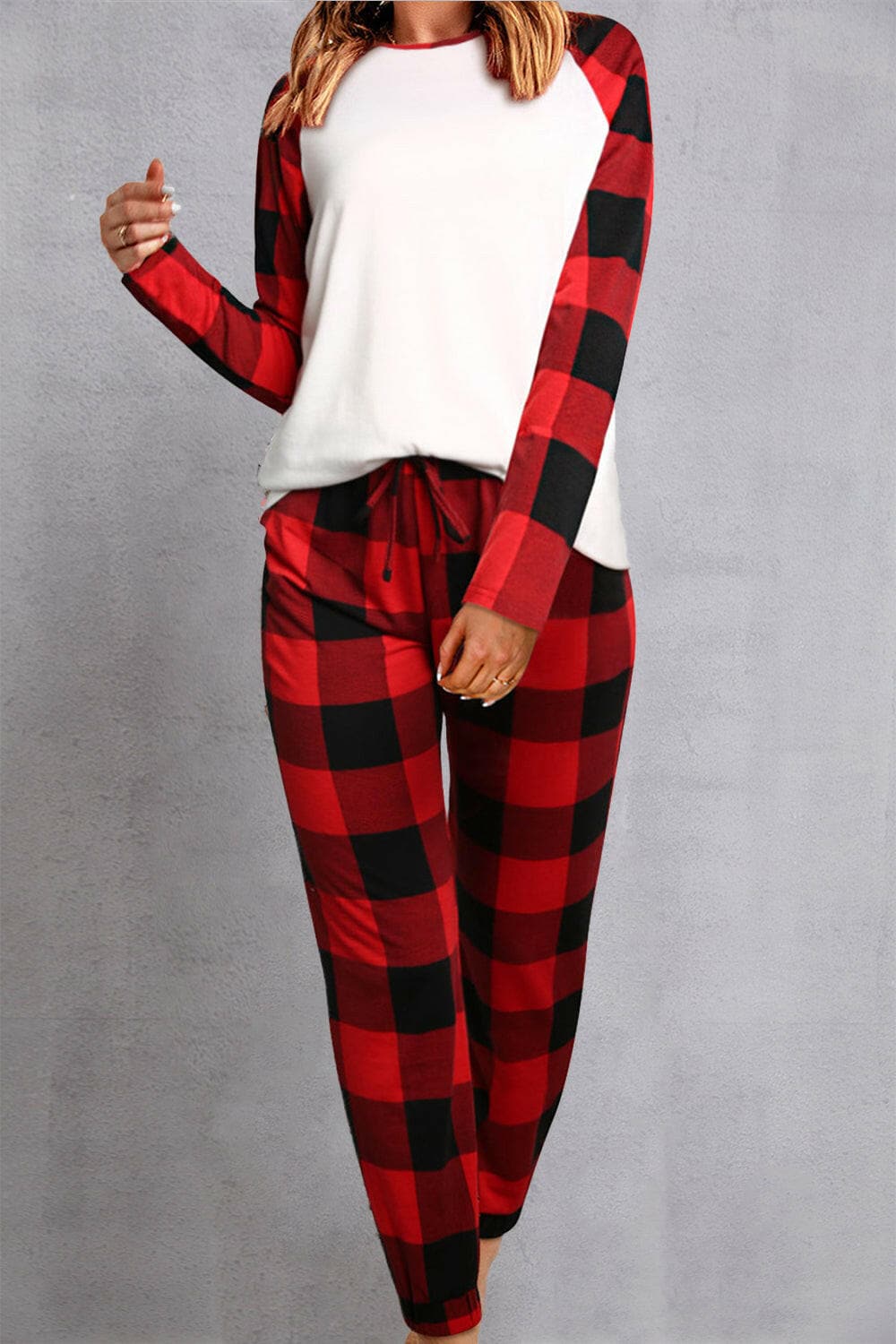 Plaid Round Neck Top and Pants Set.