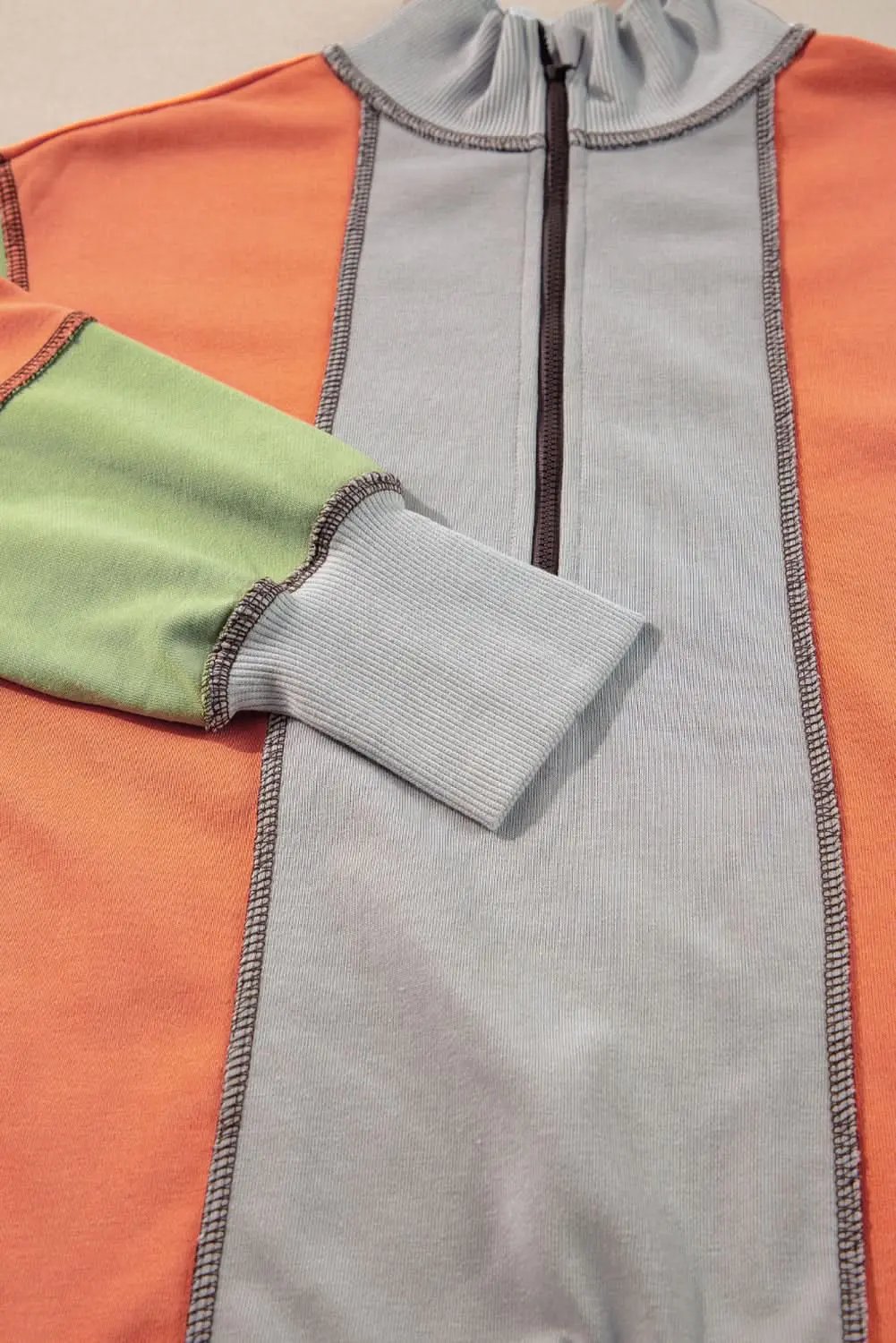 Light Grey Color Block Stitching Detail Half Zipper Sweatshirt - Love Salve 