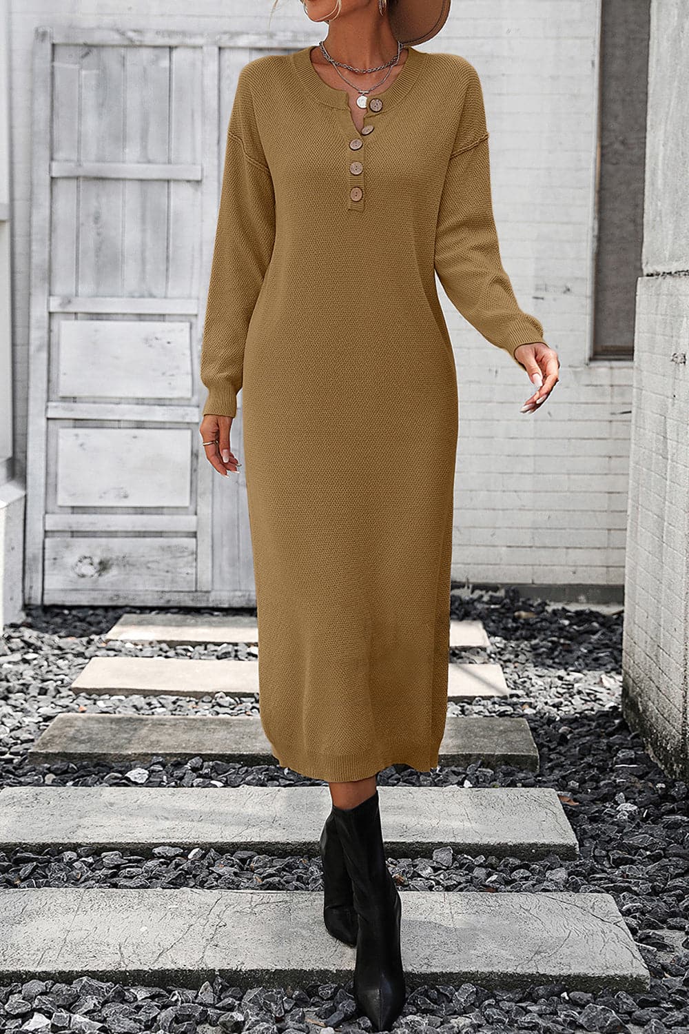 Decorative Button Notched Dropped Shoulder Sweater Dress.