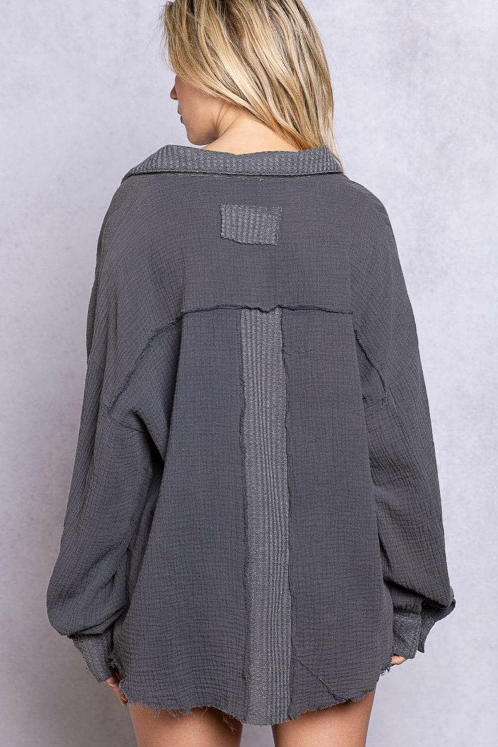 POL Texture Half Button Long Sleeve Top.