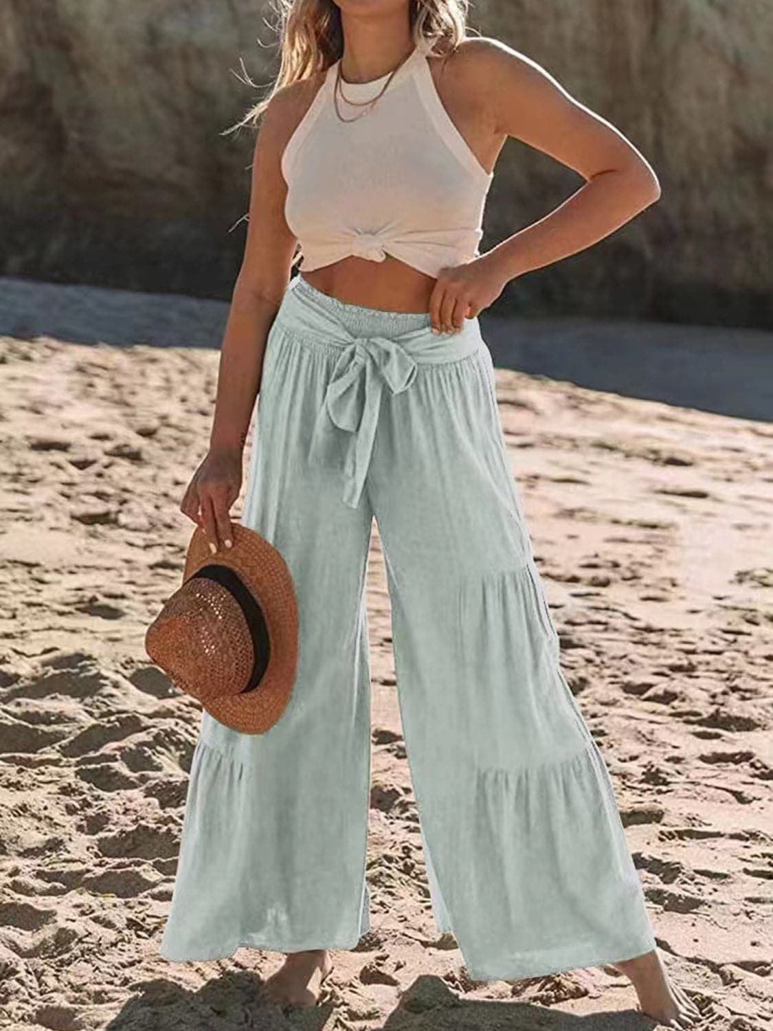 Tied Ruched Wide Leg Pants.