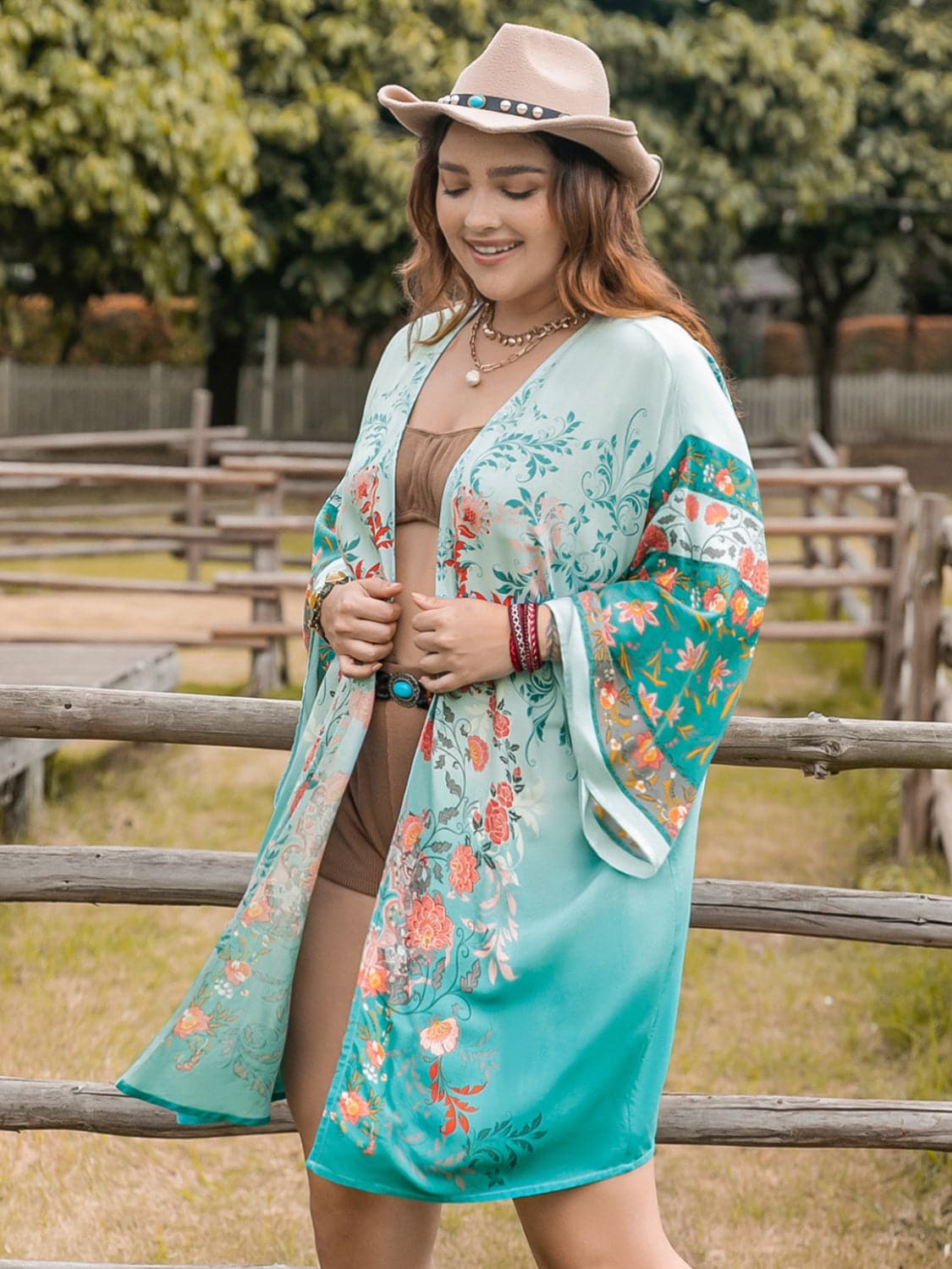 Plus Size Printed Open Front Long Sleeve Cover Up.