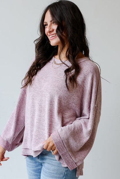 Chic orchid petal drop shoulder long sleeve tee with exposed seams