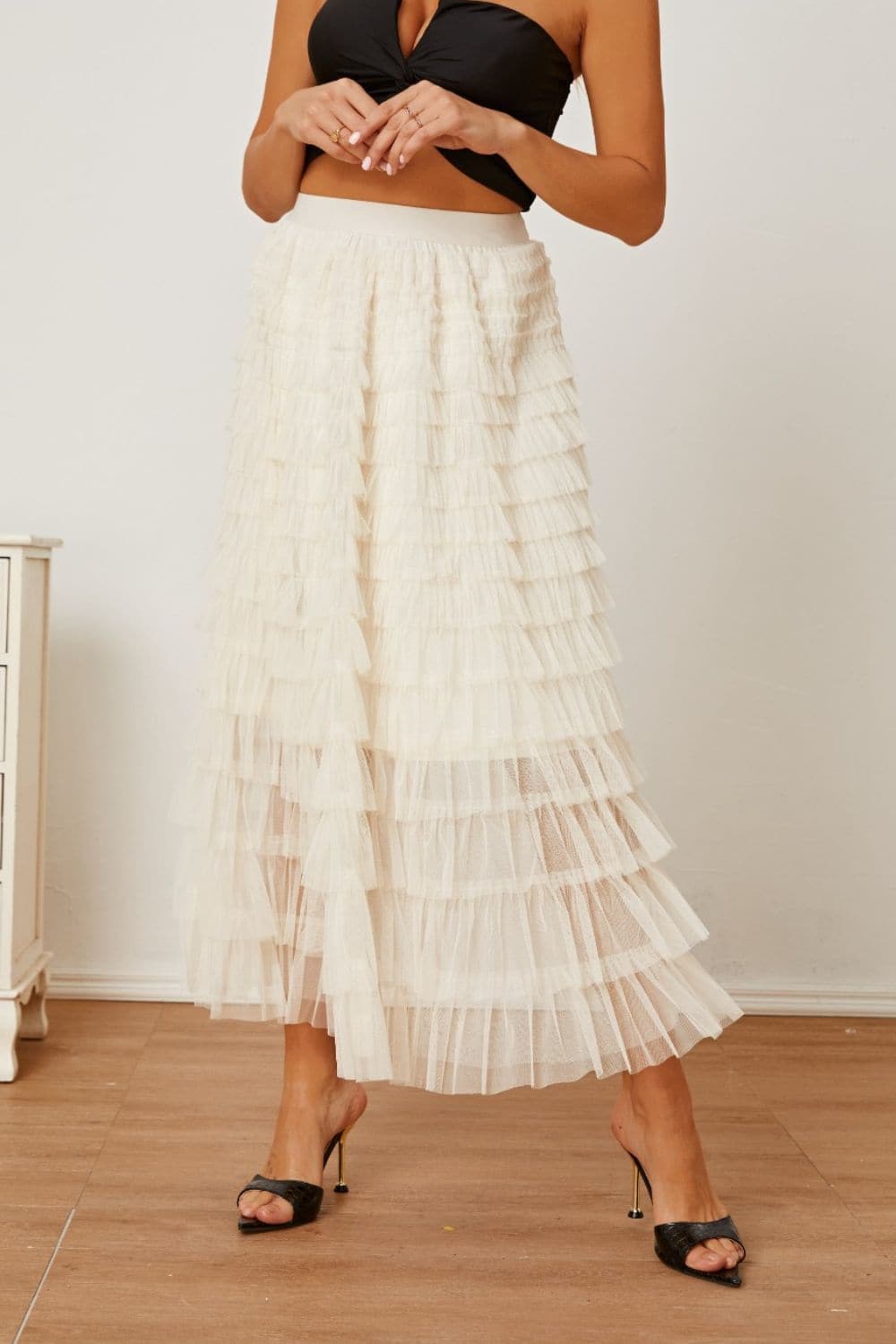 Ruched High Waist Tiered Skirt.