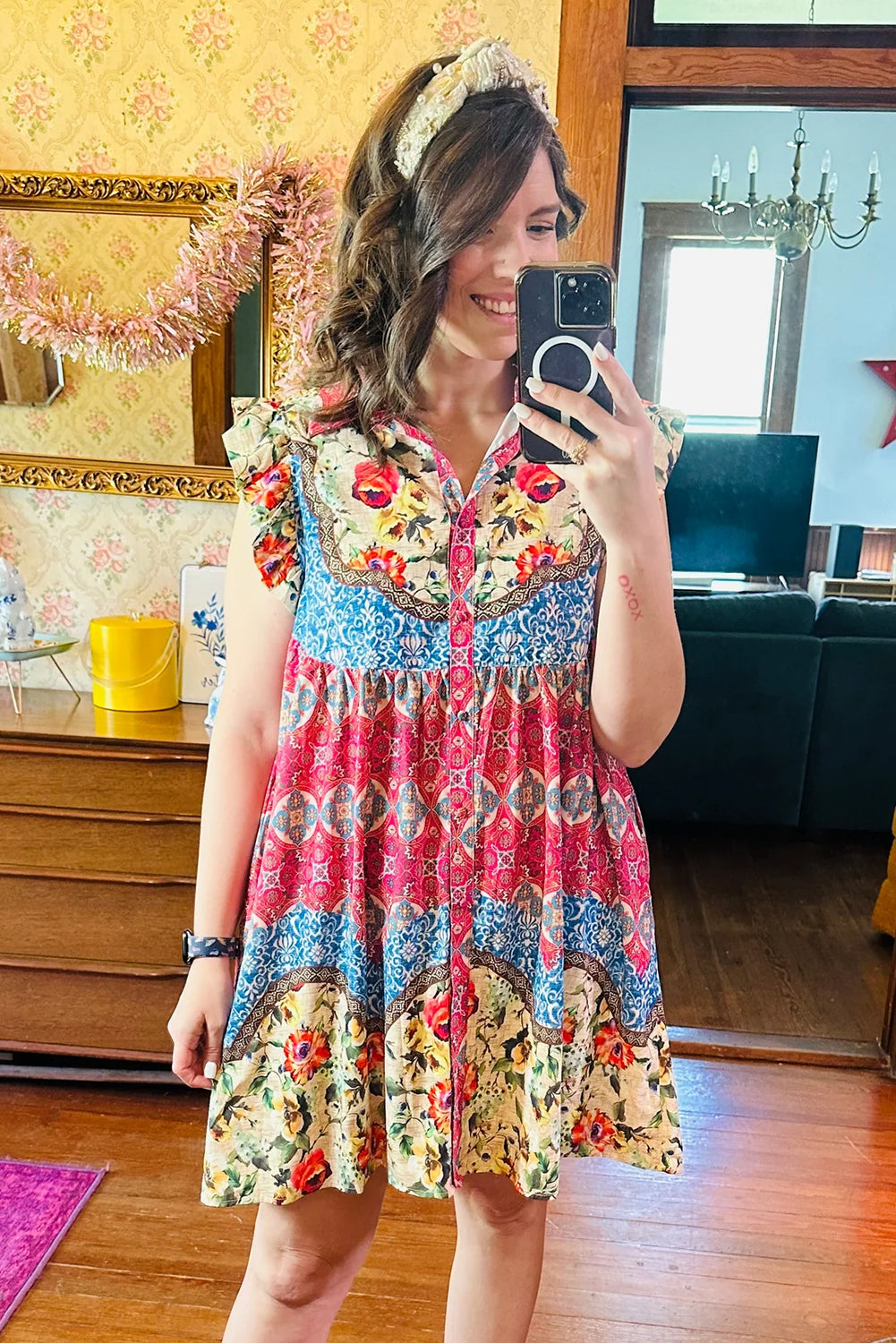 Rose Floral Mixed Pattern Ruffle Flutter Sleeve Dress