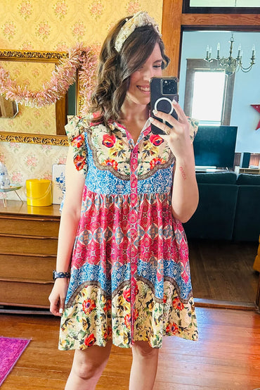 Rose Floral Mixed Pattern Ruffle Flutter Sleeve Dress