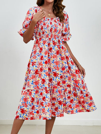 Smocked Floral Square Neck Short Sleeve Dress.