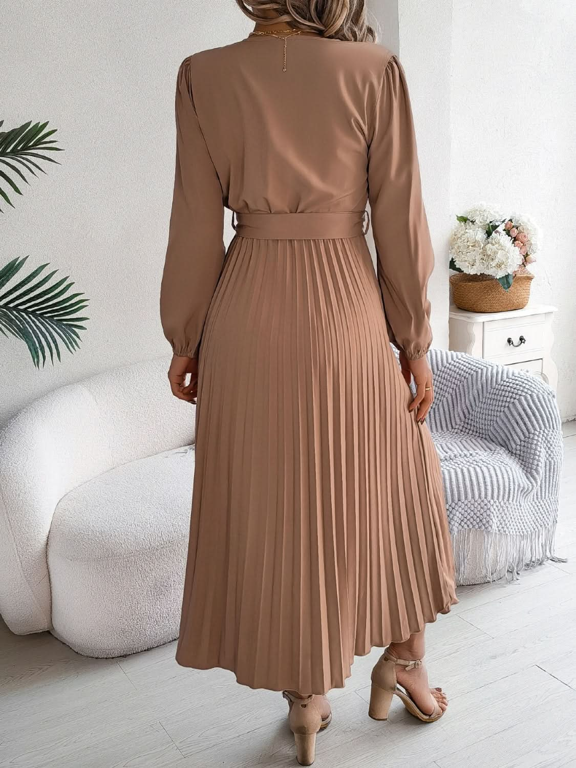 Elegant V-Neck Long Sleeve Dress with Sheer Tied Design