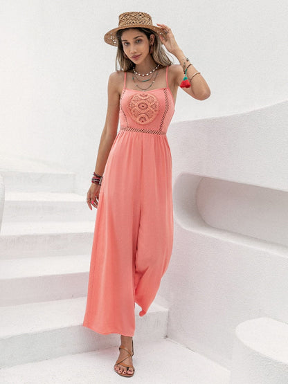 Openwork Spaghetti Strap Wide Leg Jumpsuit.