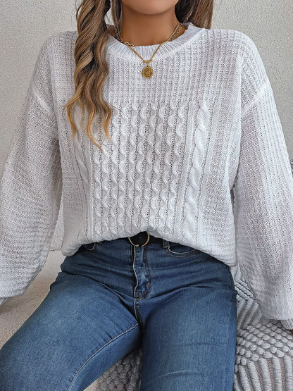 Cable-Knit Round Neck Long Sleeve Sweater.